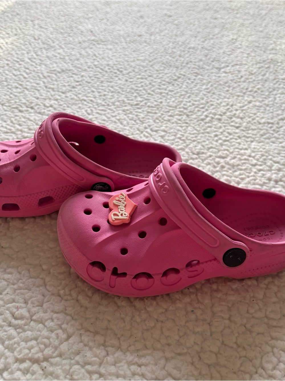 Crocs Kids Baya Clog Candy Pink Slip On Sandals Shoes with Barbie Heart Charm 12